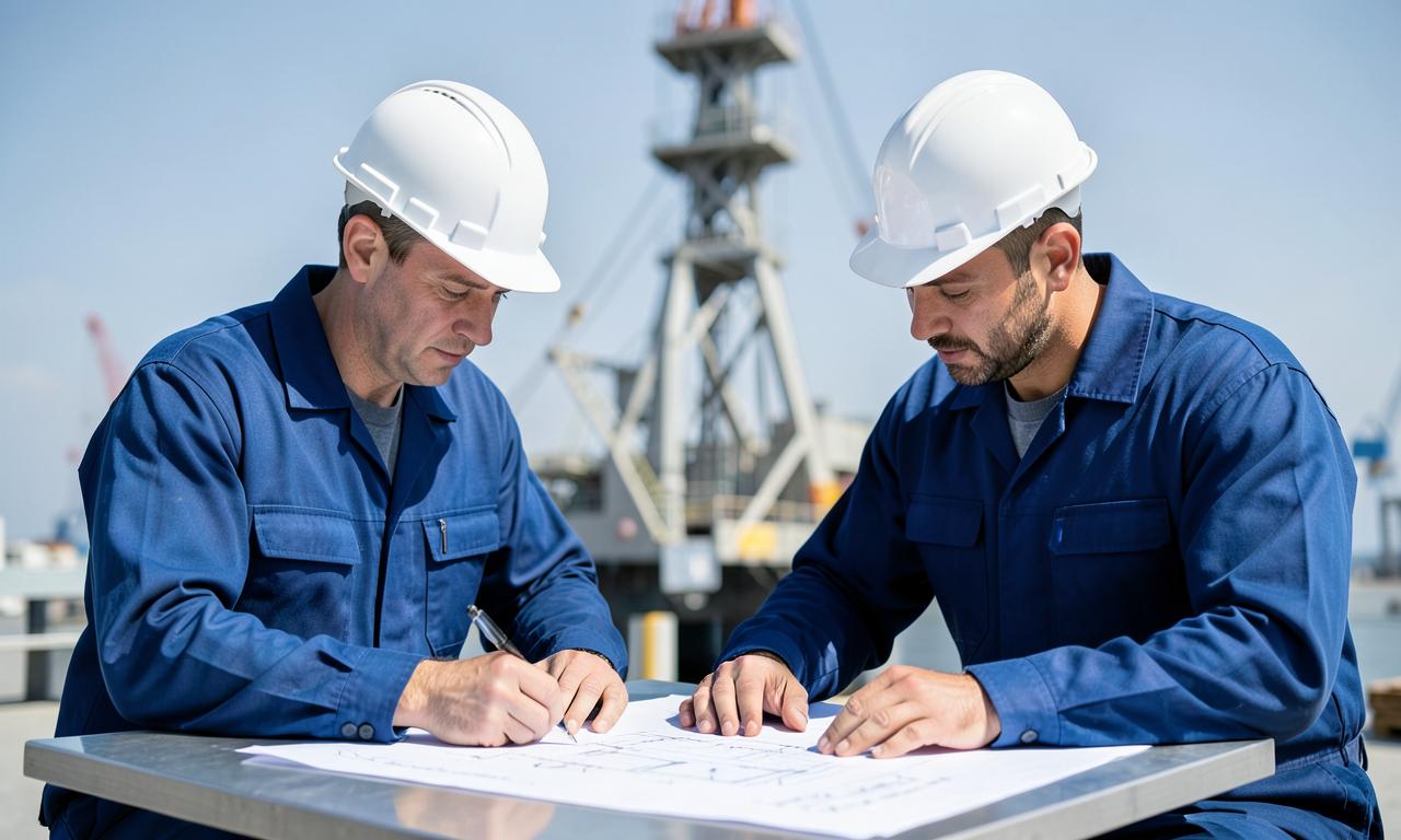 Engineers reviewing drilling equipment drawings on deck
