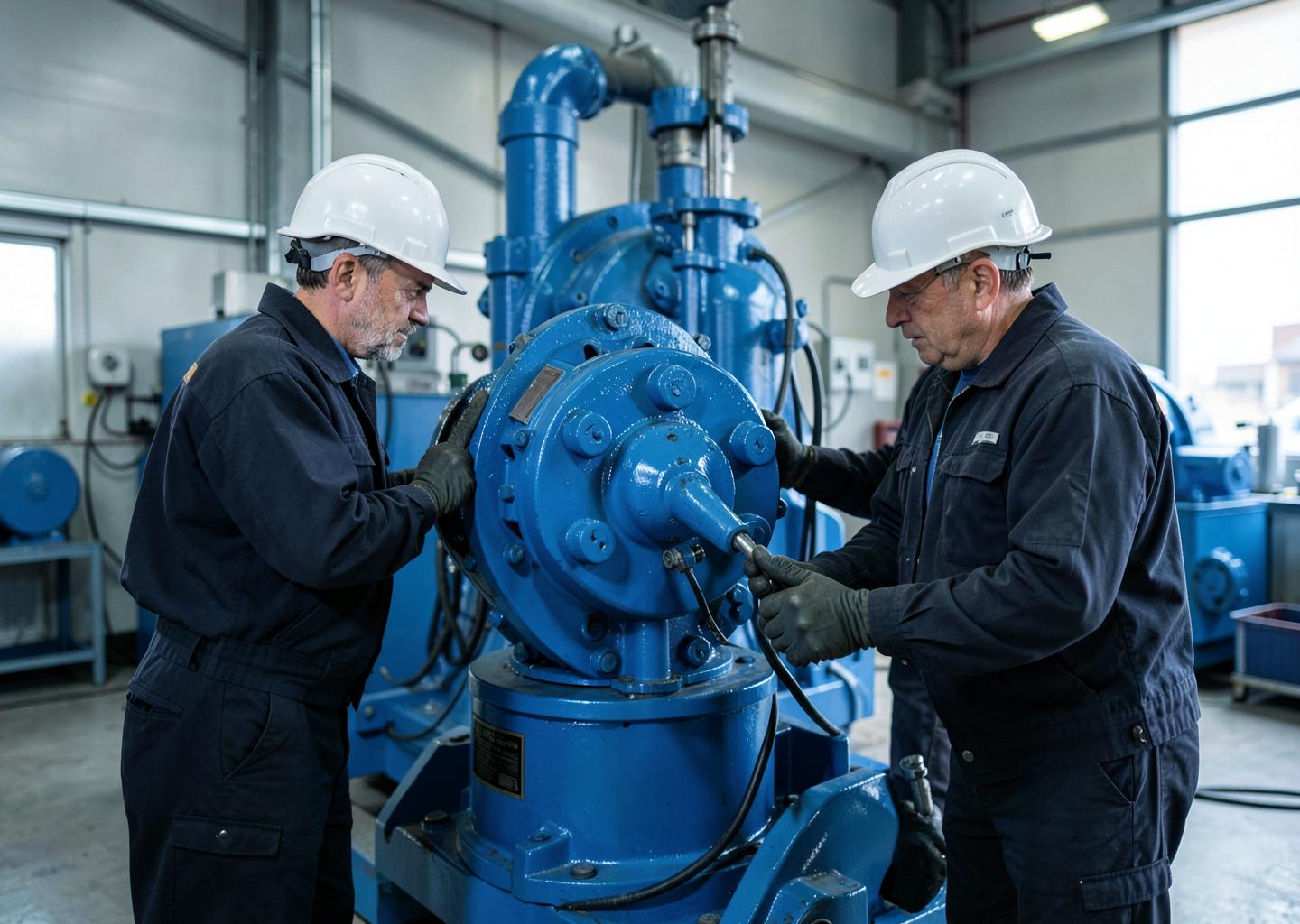 RigQuip engineers servicing drilling equipment in a workshop